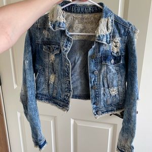 Cropped distressed denim jacket
